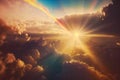 Flight through cloudscape at sunset golden hour with beautiful rainbow and lens flare. Magical fantasy sky skyline Royalty Free Stock Photo