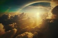 Flight through cloudscape at sunset golden hour with beautiful rainbow and lens flare. Magical fantasy sky skyline Royalty Free Stock Photo