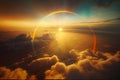 Flight through cloudscape at sunset golden hour with beautiful rainbow and lens flare. Magical fantasy sky skyline Royalty Free Stock Photo