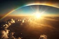 Flight through cloudscape at sunset golden hour with beautiful rainbow and lens flare. Magical fantasy sky skyline Royalty Free Stock Photo