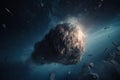 The flight of a comet over the planet, a comet in space, a meteor and energy, the glow of an asteroid, the movement of a Royalty Free Stock Photo