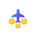 Flight cost icon with airplane, vector Royalty Free Stock Photo
