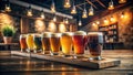 A flight of craft beers on a rustic wooden bar in a dimly lit pub. Generative AI Royalty Free Stock Photo