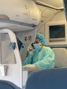 Flight crew stewardess wearing gloves mask boarding Pandemic Coronavirus Epidemic