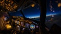 Flight deck and cockpit of a modern airliner in flight at dusk. Cruising on a beautiful colorful blue moonless sky at twilight Royalty Free Stock Photo