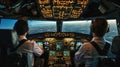 Flight Deck of modern passenger aircraft. Cockpit view in flight during the sunset. Aircraft Pilots at work.