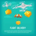 Flight delivery concept. Carton vector illustration. Drone and parachute flying shipping. Royalty Free Stock Photo