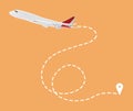 Flight direction illustration. Plane and pin connected by dashed line on orange