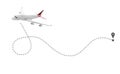 Flight direction illustration. Plane and pin connected by dashed line on white