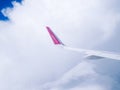 Flight Dortmund-Kyiv.July 2018 . View from airplane window: wing of `wizzair` Royalty Free Stock Photo