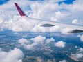 Flight Dortmund-Kyiv.July 2018 . Flight Dortmund-Kyiv.Juliy 2018. View from airplane window:wing of `wizzair` plane in cloudy sky Royalty Free Stock Photo