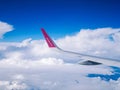 Flight Dortmund-Kyiv.July 2018. Flight Dortmund-Kyiv.Juliy 2018 . View from airplane window: wing of `wizzair` plane in cloudy sky Royalty Free Stock Photo