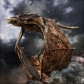 Flight of the dragon. Fast moving ferocious dragon leaving destruction in his wake. Royalty Free Stock Photo