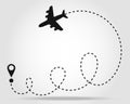 Flight of dreams. Airplane line path icon of air plane flight route with start point and dash line trace. Modern vector