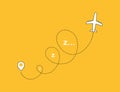 Flight of dreams. Airplane line path icon of air plane flight route with start point and dash line trace. Modern vector