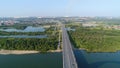 The flight of the drone over the river. The bridge over the river. Beautiful cityscape Royalty Free Stock Photo