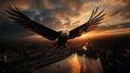 Flight eagle bird over city on background of sunset, fire and sparks on the street Royalty Free Stock Photo