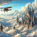 Flight of fantasy biplane soars past majestic castle in the clouds