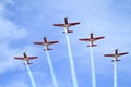 Flight of five jet planes - acrobatics on Airshow Royalty Free Stock Photo