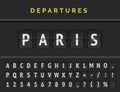 Flight flip board font displays airport departure destination in Europe Paris. Vector illustration