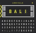 Flight flip font with airplane icon. Analog score board with airport runway markup style vector banner with Bali island