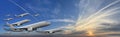 Flight fly and aircraft concept. Plane and sunset sky with cloud and sun Royalty Free Stock Photo