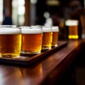 Flight of four different craft beers in glasses on a wooden Tray- AI Generated Royalty Free Stock Photo