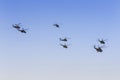 The flight of a group of military helicopters holding.`Helicopters of Russia`. MAKS 2019 in Zhukovsky.