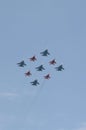 The flight groups `Swifts` and `Russian knights` on su-30 SM and MiG-29 aircraft in the sky over Moscow during the dress rehearsal