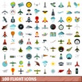 100 flight icons set, flat style