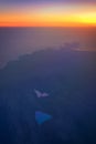 Flight image at sunrise over Tramuntana mountains Cuber reservoi