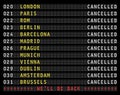 Flight information display showing cancelled flights because of corona shutdown, displaying the message we`ll be back