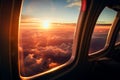 In flight marvel Plane window reveals a breathtaking sunset vista