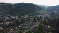 Flight over of the center city, mining town Chiatura famous for its manganese mines being situated on Kvirila river.