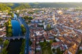 Flight over the evening city of Perigueux at sunset