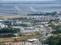 Flight over Lisbon in Portugal with Ponte Vasco da Gama, the longest bridge in Europe Royalty Free Stock Photo