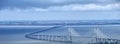 Flight over Lisbon in Portugal with Ponte Vasco da Gama, the longest bridge in Europe Royalty Free Stock Photo