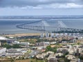 Flight over Lisbon in Portugal with Ponte Vasco da Gama, the longest bridge in Europe Royalty Free Stock Photo