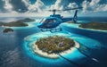 Flight over the sea. Small helicopter in the sky. A black private helicopter flies over the sea next to a tropical