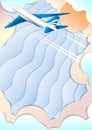 The flight of a passenger airliner. Aircraft. Colorful sky, bright sun and clouds. The effect of cut paper. Royalty Free Stock Photo
