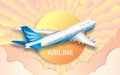 The flight of a passenger liner. Airlines. Travel. Colorful sky, bright sun and pink clouds. The effect of cut paper. Royalty Free Stock Photo