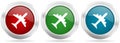 Flight, plane, aircraf vector icon set. Red, blue and green silver metallic web buttons with chrome border