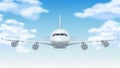 Flight plane. Realistic 3D airplane flying in blue sky. White cargo aircraft or commercial airliner and clouds vector