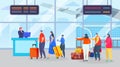 Flight registration, queue at airport vector illustration. Character with suitcases in long line for journey. Passenger