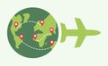 Flight Routes on Earth. Airplane shape. Trip around world to different Countries. Pin icons on Planet. Fly in Air travel