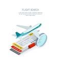 Flight search and airplane tickets service concept. Vector 3d isometric illustration of tickets, aircraft and magnifier.