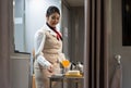 Airplane flight attendant preparing food and drinks for passengers on board Royalty Free Stock Photo