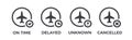 Flight status icons. Airport information - on time, unknown, delayed, cancelled. Airplane symbol set