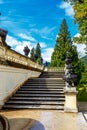 Flight of stone stairs with ornamental garden urns