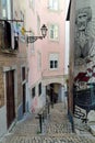 Flight of street stairs in Alfama, Escadinhas de Sao Cristovao, Lisbon, Portugal Royalty Free Stock Photo